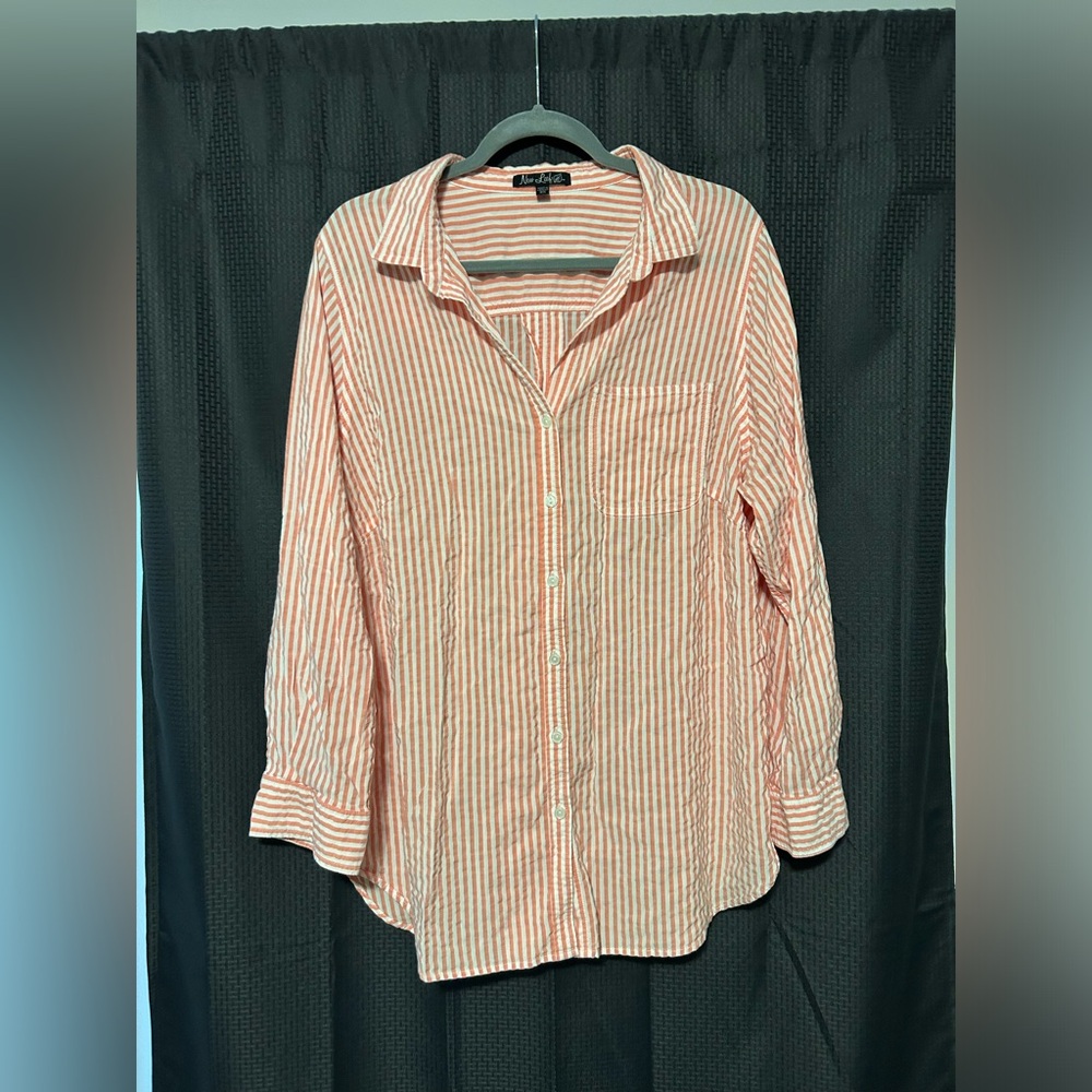 New Leaf Women’s White and Coral Pink Striped Button Down Blouse Plus Size 2X